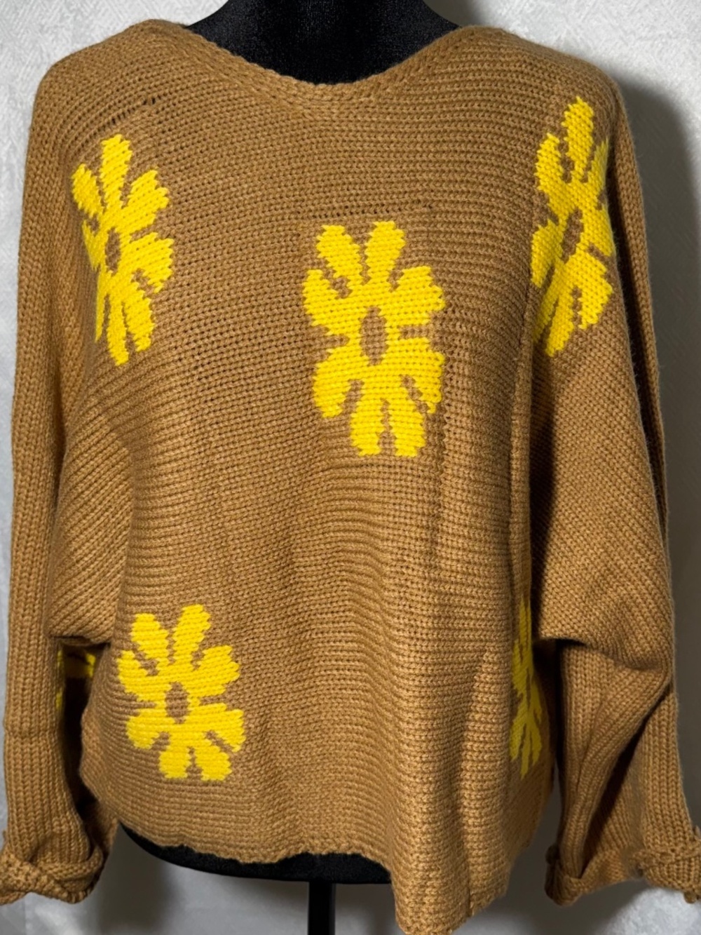 Petal Dew Floral Knit Sweater Brown Yellow Oversized Cozy NWT Medium